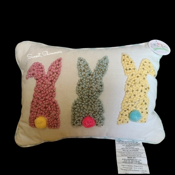 Sparkly Beaded Embroidered Easter Bunny Reversible Check 14" Throw Pillow Decor - Picture 8 of 8
